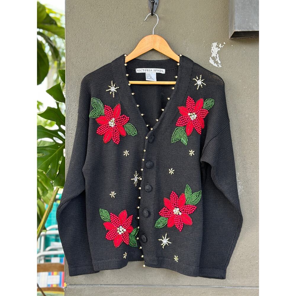 Vintage Victoria Jones Unisex Medium Ramie Black Ugly Christmas Cardigan Sweater